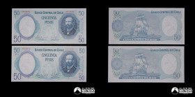 Chile, Banco Central. Pareja de billetes hermanos: 50 Pesos. 1981. MISMA SERIE, DISTINTO BLOQUE.
