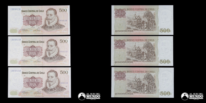 Chile. Banco Central. 500 Pesos 1988. Seguel - Correa. P#153 (UNC) Nota: 3 Unida...