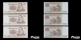 Chile, Banco Central. Lote de tres billetes correlativos: 500 Pesos. 1988.