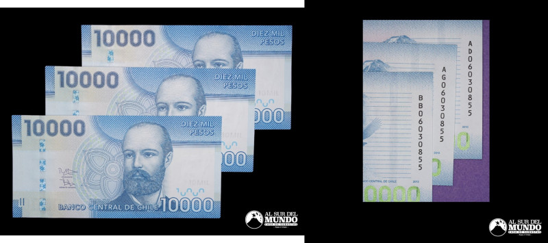 Chile, Banco Central. Lote de tres billetes: 10.000 Pesos. 2013. Misma serie, di...
