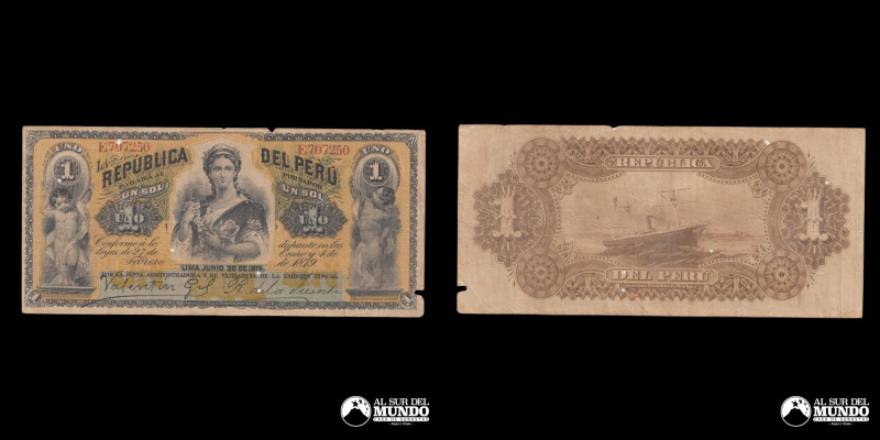 Peru, Republica. 1 Sol. 30 de Junio de 1879. Lima. Emitido. Nota. Presenta leves...