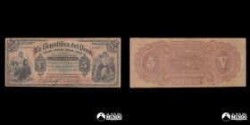 Peru, Republica. 5 Soles. 1879. Fondo con valor facial "5" en numeros romanos.