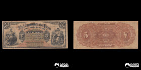 Peru, Republica. 5 Soles. 1879. Fondo multicolor radiante sin valor facial.