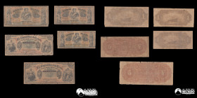 Peru, Republica. Lote de cinco billetes: tres unidades de 1 Sol y dos unidades de 5 Soles. 1879.