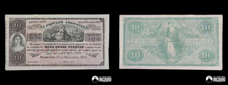 Argentina. Accion. 10 Pesos Fuertes 1873. La Popular Argentina. S/R (VF)

Esti...