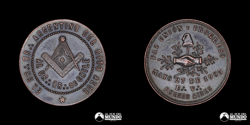 Argentina. Medalla: Masoneria - EL GR. OR.: ARGENTINO DEL RITO AZUL / AL GR.: OR...
