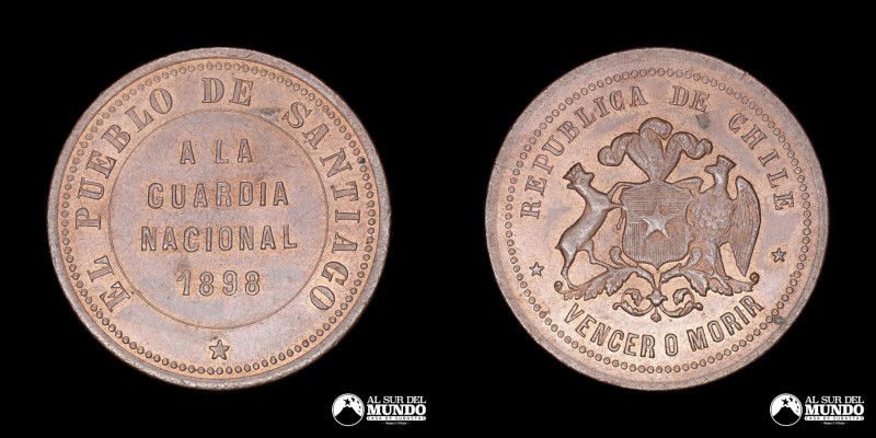 Chile. El pueblo de Santiago a la Guardia Nacional. 1898. Cobre; 17,89 g.; 35 mm...