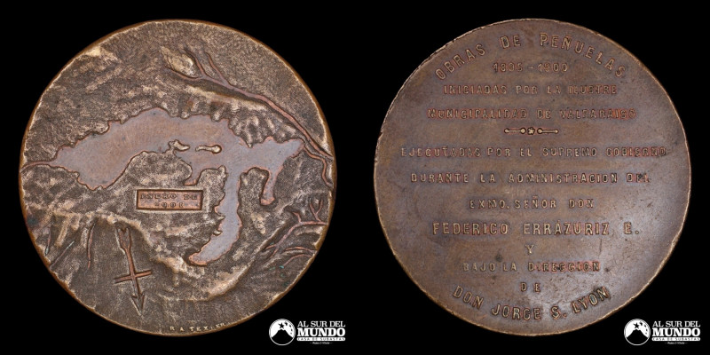 Chile. Medalla: Inicio de las obras del embalse Peñuelas. 1900. Anverso: Mapa to...