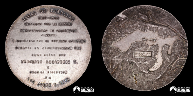 Chile. Medalla: Inicio de las obras del embalse Peñuelas. 1900. Anverso: Mapa to...