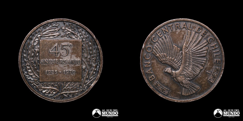 Chile, ceca de Santiago. Medalla: 45° aniversario del Banco Central de Chile (19...