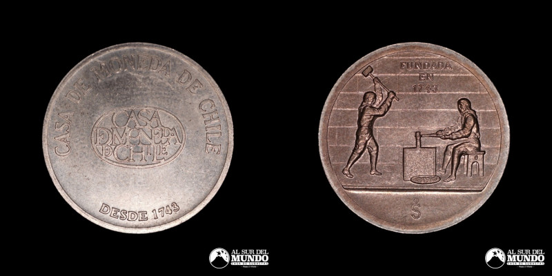 Chile, ceca de Santiago. Medalla: Casa de Moneda - Fundada en 1743. Niquel; 7,67...