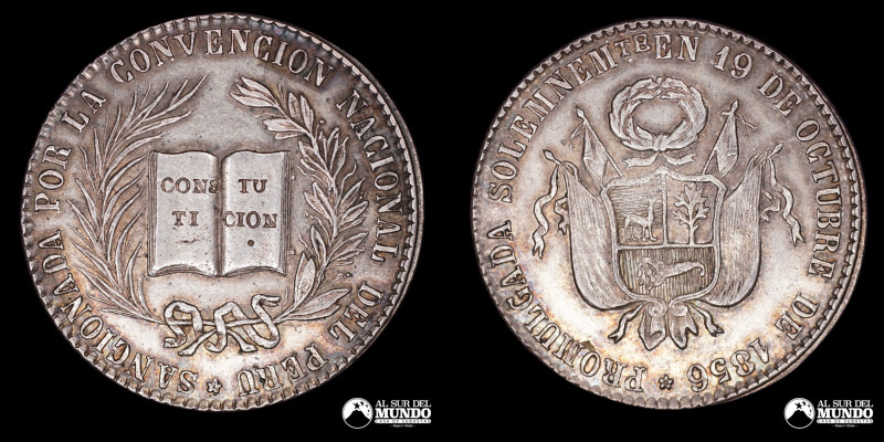 Peru. Medalla: Constitucion de 1856. Anverso: Libro abierto flanqueado por ramas...