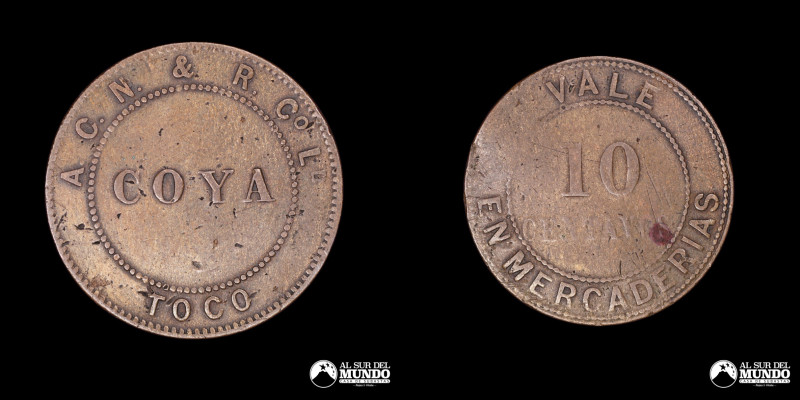 Chile. Ficha: 10 Centavos. Coya. Toco. Cobre; 4,20 g. VF.

Estimate: USD 20 - ...