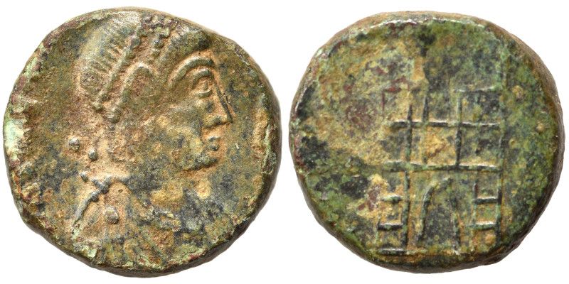 Valentinian II (?), 375-392. Nummus (bronze, 1.50 g, 11 mm). Pearl-diademed, dra...