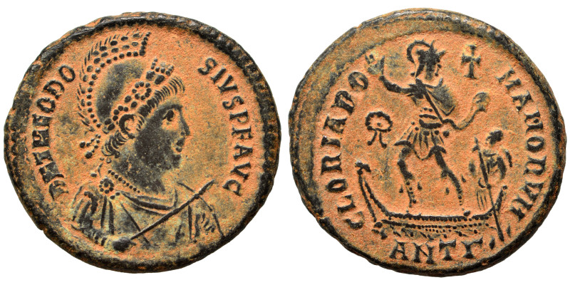 Theodosius I, 379-395. Follis (bronze, 5.80 g, 22 mm), Antioch. Pearl-and-rosett...