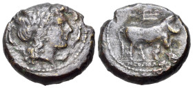 Italy, Southern Campania, Neapolis, c. 300 BC. Æ (18mm, 5.60g, 12h). Laureate head of Apollo r.; four dolphins around / Man-headed bull walking r.; ab...