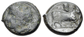 Italy, Southern Campania, Neapolis, c. 317-270 BC. Æ (16mm, 3.63g, 6h). Laureate head of Apollo l.; monogram behind, [ethnic before] R/ Man-headed bul...