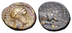 Italy, Southern Campania, Neapolis, c. 250-225 BC. Æ (11mm, 0.80g, 4h). Laureate head of Apollo r. / Forepart of Man-headed bull r.; [ΝΕΟ]ΠΟΛ[ΙΤΩΝ] ab...