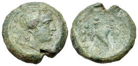 Italy, Northern Lucania, Paestum, 218-201 BC. Æ Triens (18.5mm, 6.29g, 6h). Female head r. wearing ivy wreath; four pellets to l. R/ Cornucopia; four ...