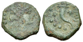 Italy, Northern Lucania, Paestum, 218-201 BC. Æ Triens (18mm, 3.75g, 12h). Female head r. wearing ivy wreath; four pellets to l. R/ Cornucopia; four p...