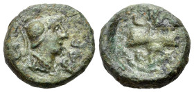 Italy, Northern Lucania, Paestum, c. 90-44 BC. Æ Semis (15mm, 3.86g). Helmeted and draped male bust r. R/ Clasped r. hands. Crawford 32; HNItaly 1250;...