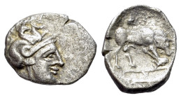 South Italy, uncertain mint, c. 400-300 BC. AR Triobol (12mm, 0.77g, 3h). Contemporary imitation (?). Head of Athena r., wearing crested Attic helmet ...