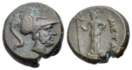 Italy, Lucania, Metapontion. c. 225-200(?) BC. Æ (15mm, 4.83g, 1h). Helmeted head of Leukippos right. R/ Demeter standing facing, head right, holding ...