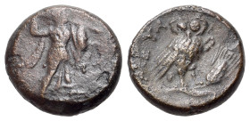 Italy, Lucania, Metapontion, c. 225-200. BC. Æ (14mm, 3.01g, 6h). Athena Alkidemos advancing right. R/ Owl standing right, head facing, on grain ear. ...