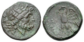 Italy, Bruttium, The Brettii, c. 216-211 BC. Æ (20mm, 6.97g, 3h). Laureate head of Zeus r.; thunderbolt behind / Eagle with spread wings standing l., ...