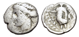 Italy, Bruttium, Terina, c. 400-356 BC. AR Diobol (9mm, 0.67g, 4h). Female head l., wearing sphendone / Nike flying l., holding wreath. Holloway & Jen...