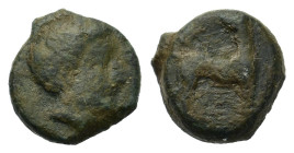 Sicily, Eryx, c. 412-409 BC. Æ Onkia (10mm, 1.6g). Male head r. R/ Hound standing right, head reverted. Campana 39.