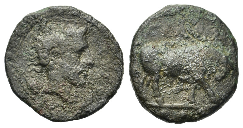 Sicily, Gela, c. 420-405 BC. Æ Tetras or Trionkion (17,3mm, 2.8g). Bull standing...