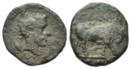 Sicily, Gela, c. 420-405 BC. Æ Tetras or Trionkion (17,3mm, 2.8g). Bull standing right, head lowered; three pellets in exergue. R/ Head of young river...