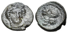 Sicily, Gela, c. 315-310 BC. Æ (15mm, 2.60g, 3h). Head of Demeter facing slightly r., wearing wreath of grain ears. R/ Horned and bearded head of Gela...