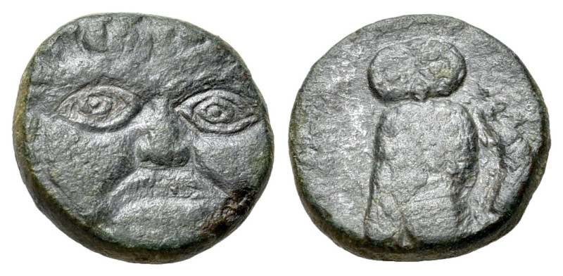 Sicily, Kamarina, c. 420-410 BC. Æ Onkia (11.5mm, 1.42g, 6h). Facing gorgoneion....