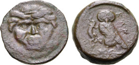 Sicily, Kamarina, c. 420-405 BC. Æ Tetras or Trionkion (3.38g, 14mm, 8h). Facing gorgoneion R/ Owl standing to left, head facing, holding lizard in ta...