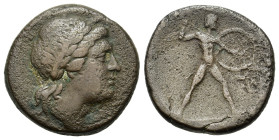 Sicily, Messana, The Mamertinoi, c. 220-200 BC. Æ Pentonkion (21mm, 7.8g). Laureate head of Apollo r. R/ Warrior advancing r., holding shield and spea...