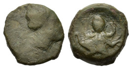 Sicily, Syracuse. Time of the Second Democracy (circa 435-415 BC). Æ Onkia (12,7mm, 2g). Head of Arethusa to right. R/ Octopus; one pellet (mark of va...