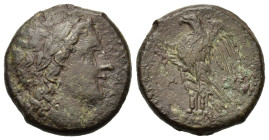 Sicily. Syracuse. Time of Hiketas II (287-278 BC). Æ (21mm, 8.5g). Laureate head of Zeus Hellanios r. R/ Eagle standing l. on thunderbolt; A to l. CNS...