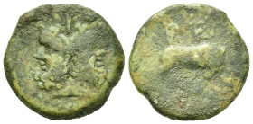 Sicily, Uncertain Roman mint, late 2nd century BC. Æ As (22mm, 8.3g). Laureate and bearded head of Janus. R/ She-wolf standing k., head reverted, suck...