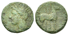 Zeugitania, Carthage, c. 400-350 BC. Æ Unit (16,4mm, 2.3g). Wreathed head of Tanit left. R/ Horse standing right; palm tree in background. CNP 194; MA...