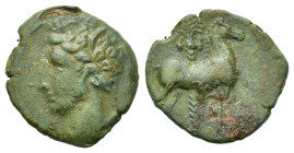 Zeugitania, Carthage, c. 400-350 BC. Æ (15mm, 2.3g). Wreathed head of Tanit left. R/ Horse standing right; palm tree in background. CNP 194; MAA 18; S...