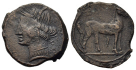 Zeugitania, Carthage. First Punic War (264-241 BC). Æ Shekel (22,6mm, 5.9g). Mint on Sardinia. Wreathed head of Tanit left / Horse standing right; Pun...