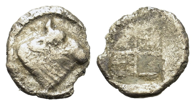 Macedon, Akanthos, c. 430-390 BC. AR Hemiobol (7,4mm, 0.2g). Head of bull to rig...