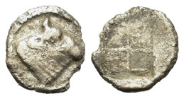 Macedon, Akanthos, c. 430-390 BC. AR Hemiobol (7,4mm, 0.2g). Head of bull to right. R/ Quadripartite incuse square. SNG ANS 51; HGC 3.1, 394. Fine