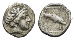 Macedon, Amphipolis, late 5th-early 4th century BC. AR Obol (8 mm, 0.42 g). Head of hero Rhesos to right, wearing tainia. R/ A-M-Φ-I Fish swimming dia...