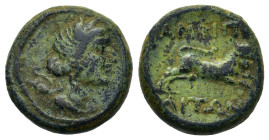 Macedon, Amphipolis, c. 187-168/7 BC. Æ (17,4mm, 6.5g). Draped bust of Artemis right; bow and quiver over shoulder. R/ Bull leaping right. SNG ANS 132...