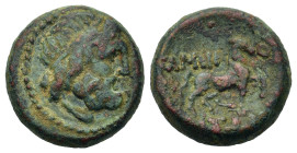 Macedon, Amphipolis, c. 187-168 BC. Æ (18mm, 7,40g). Head of Philip ii right. R/ ΑΜΦΙΠ Ο ΛΙΤΩΝ Buckephalas advancing r. VF toned.