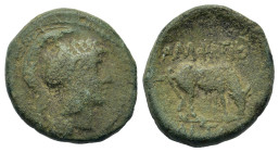 Macedon, Amphipolis, c. 148-131 BC. Æ (17,8mm, 4.7g). Helmeted head of Athena r. R/ Bull grazing r. RPC I.-1644 (3 specimens – museums). Fine and extr...