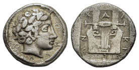 Macedon, Chalkidian League, c. 421-420 BC. AR Tetrobol (14,5mm, 2.24g). Olynthos.Laureate head of Olynthos. R/ Kithara with seven strings; all within ...